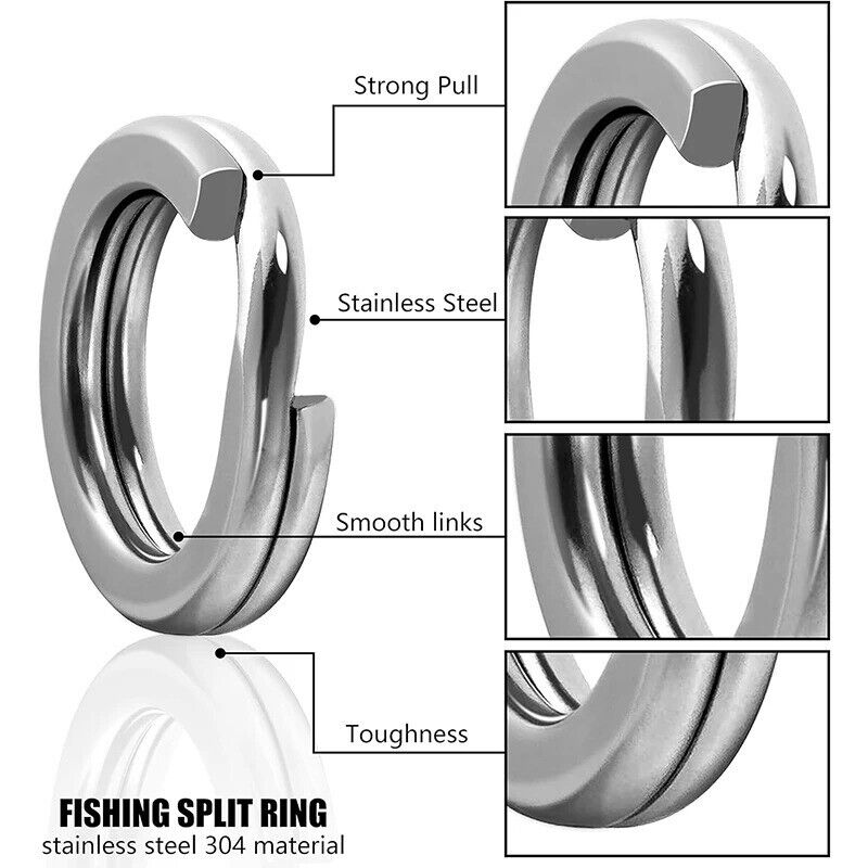 250 x STAINLESS STEEL SPLIT RINGS 5 SIZES HIGH STRENGTH FISHING LURE CONNECTOR