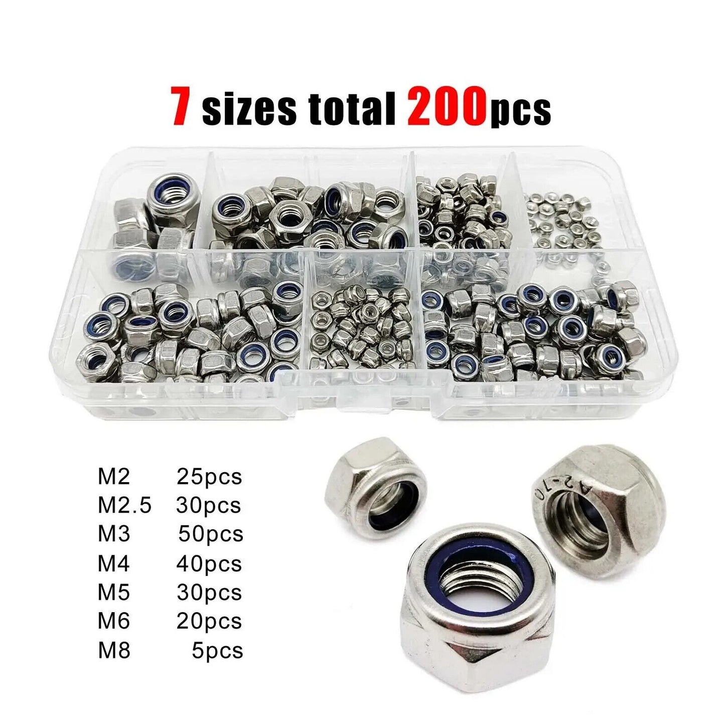 200 x STAINLESS STEEL SELF LOCKING NYLON NUT SET, M2 M2.5 M3 M4 M5 M6 M8