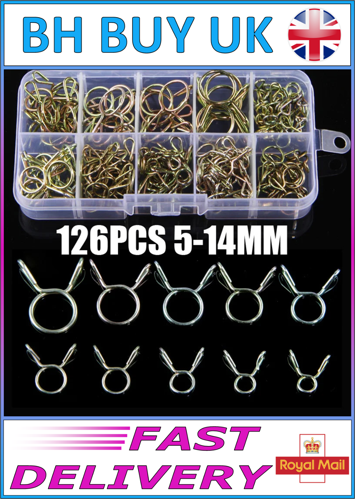 126 x 5mm - 14mm HOSE CLAMP SET, ZINC PLATED SPRING CLAMP