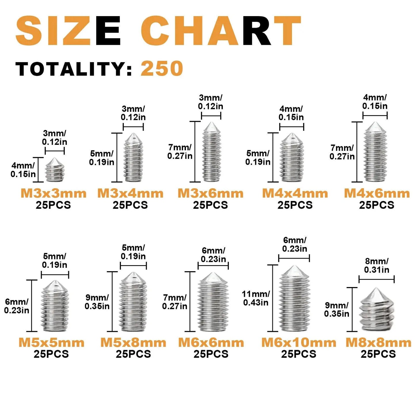 250 x HEADLESS HEX SOCKET SCREWS