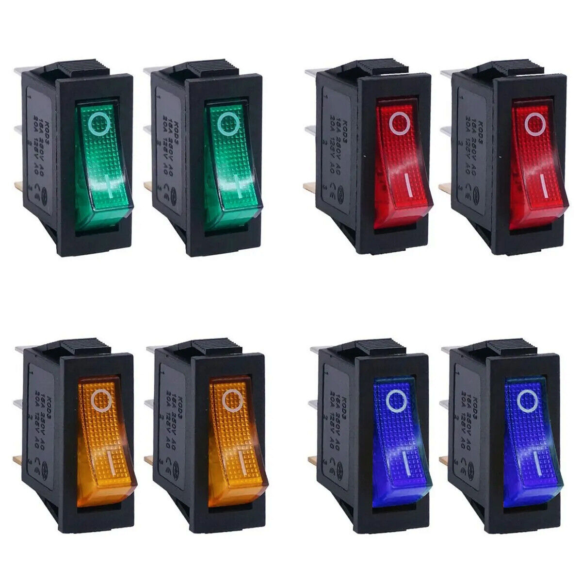 8 x AC 250V/15A ILLUMINATED LED ON/OFF SPST 3 PIN 2 POSSITION ROCKER SWITCH