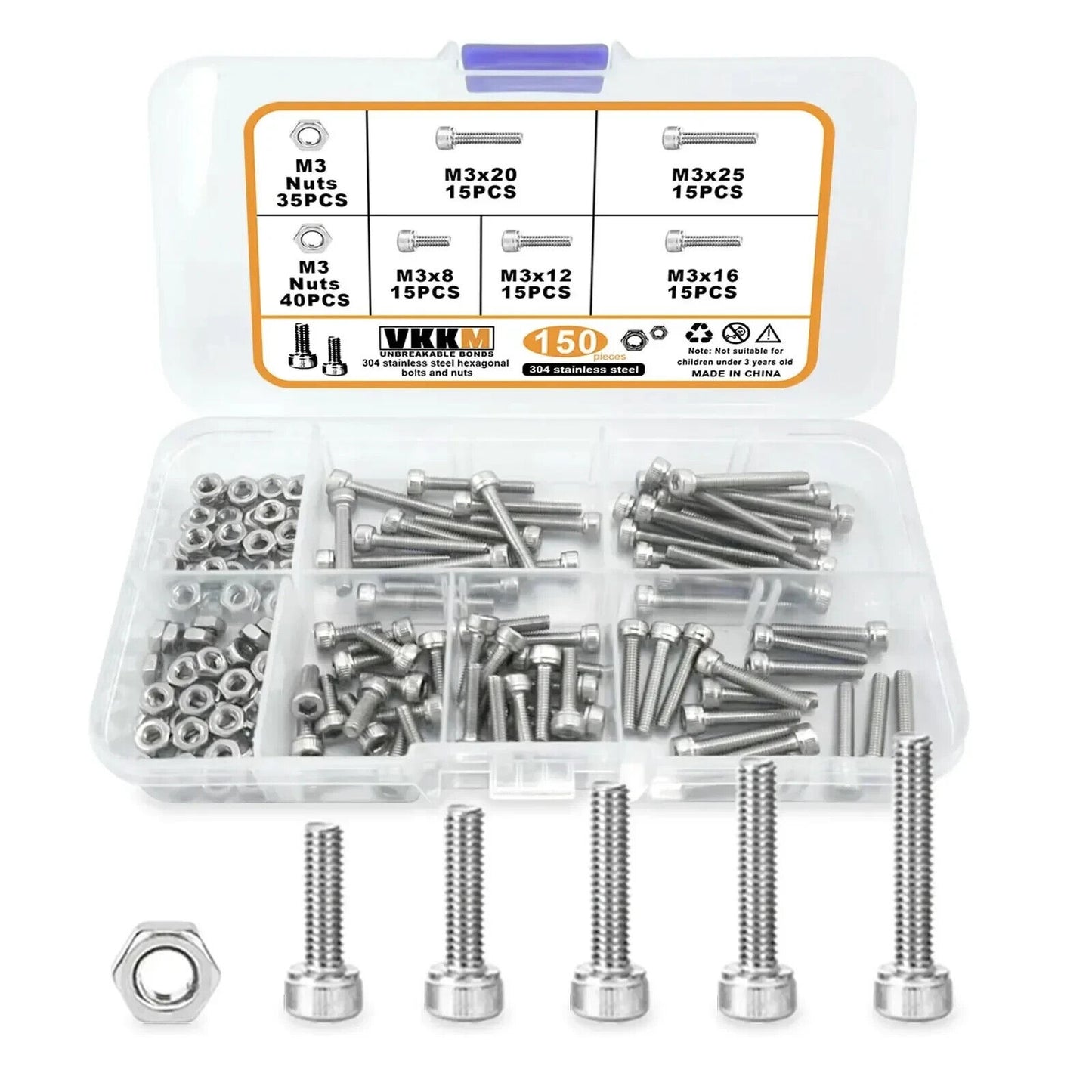 150 x STAINLESS STEEL HEX HEAD SCREWS & NUTS SET M3 SIZE, MIXED BOX