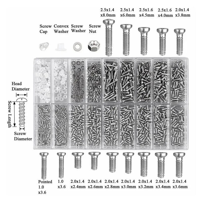 1000 x MICRO SCREWS & NUTS, GLASSES TOOL KIT