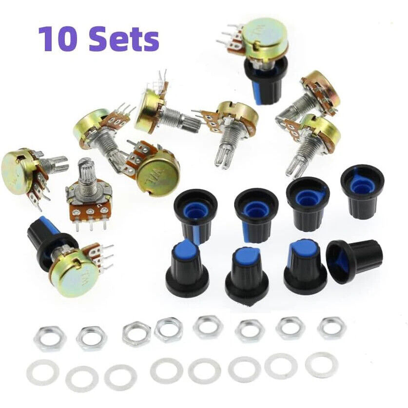 10 SETS 15mm KNURLED SHAFT 3 TERMINALS LINEAR TAPER ROTARY POTENTIOMETER KIT UK