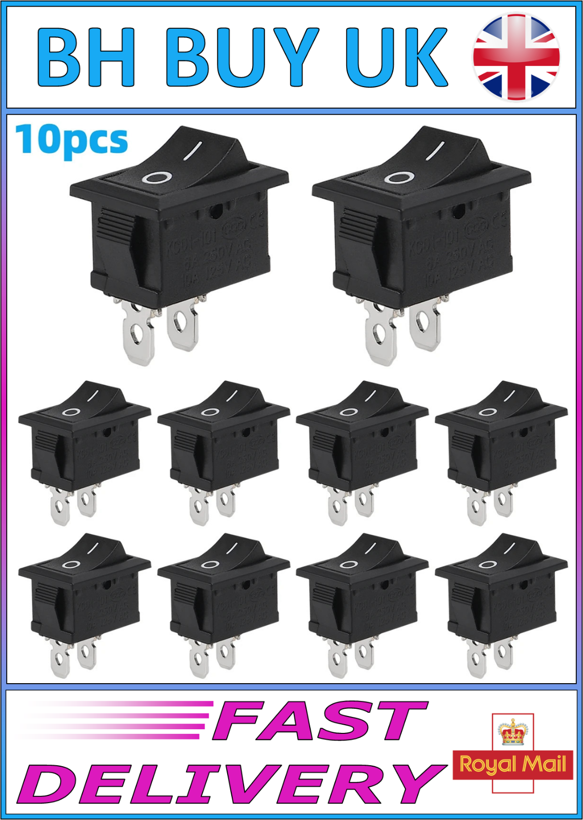 10 x SNAP IN ON OFF ROCKER SWITCH SPST 2 PIN AC 250V 6A2 POSITION