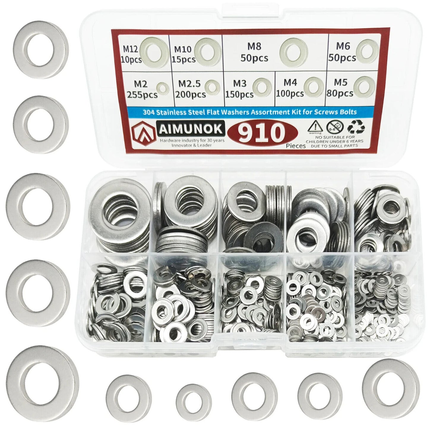 200 x STAINLESS STEEL FLAT WASHER SET M2 M2.5 M3 M4 M5 M6 M8 M10 ASSORTMENT KIT