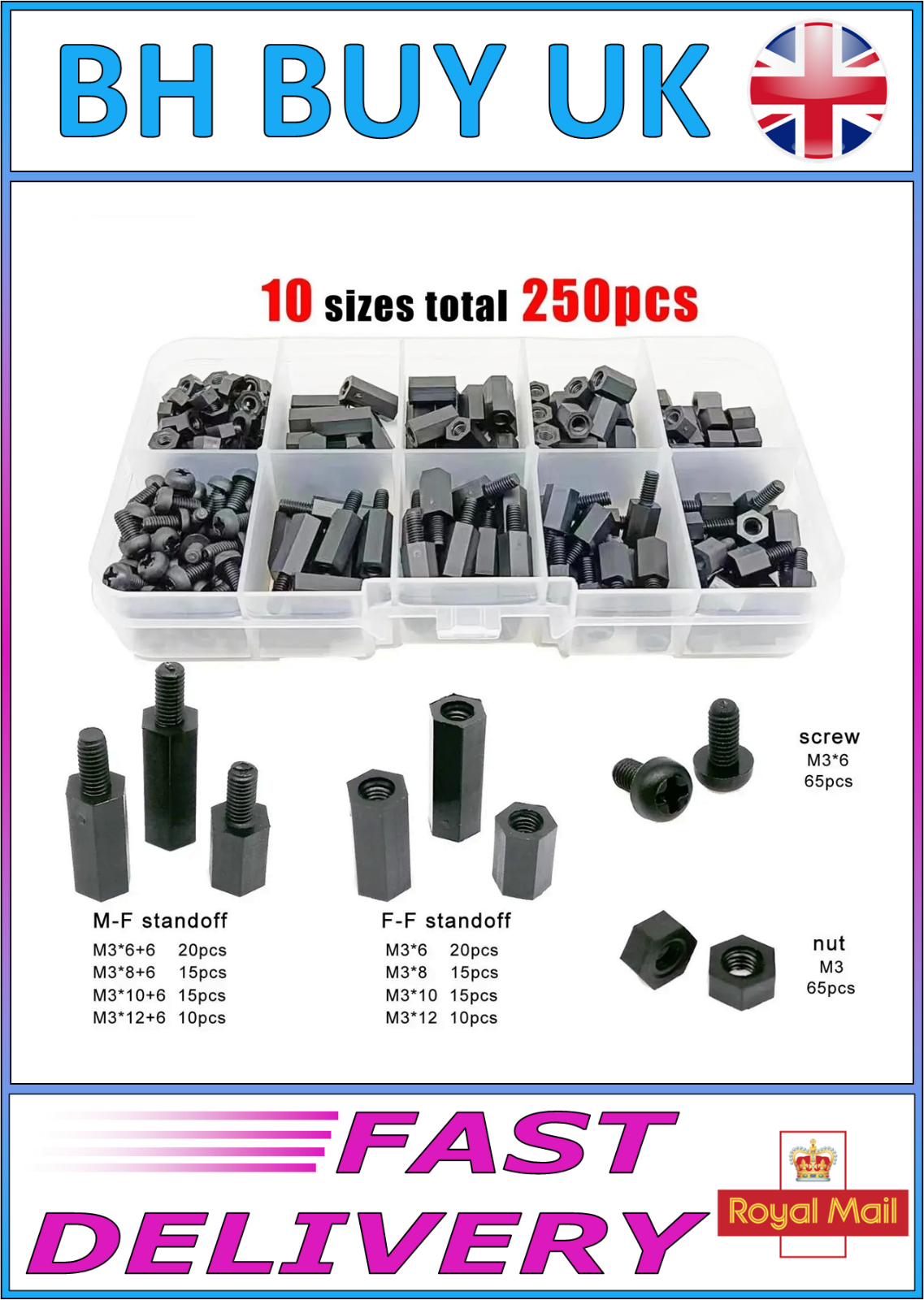 250 x BLACK NYLON INSULATED HEX STANDOFF PILLAR SPACER SCREW NUT SET MIX SIZE