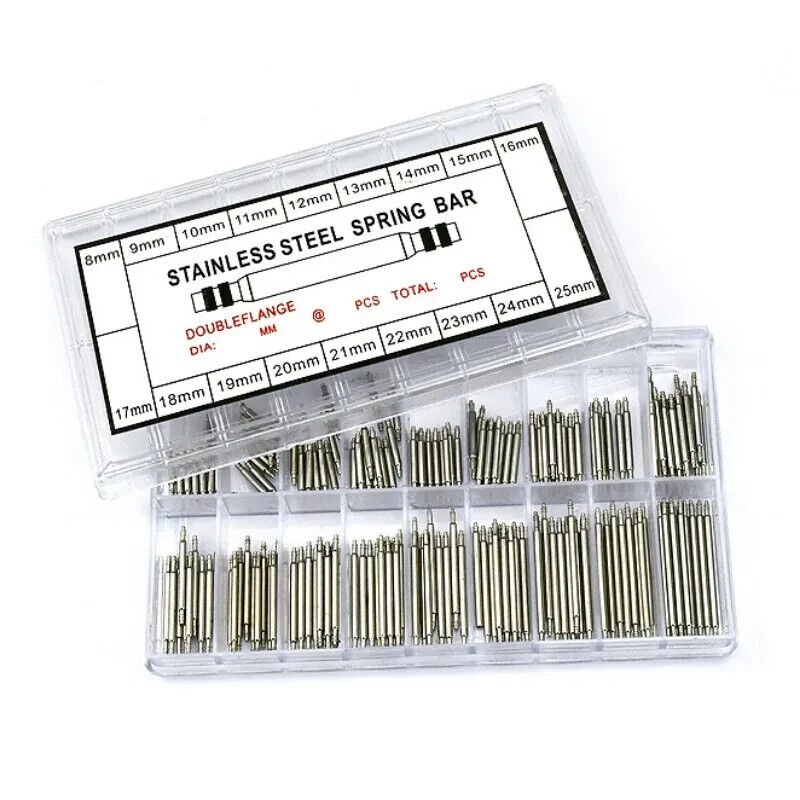 360 x STAINLESS STEEL SPRING BAR WATCH STRAP PINS, 8 - 25mm DOUBLE FLANGE