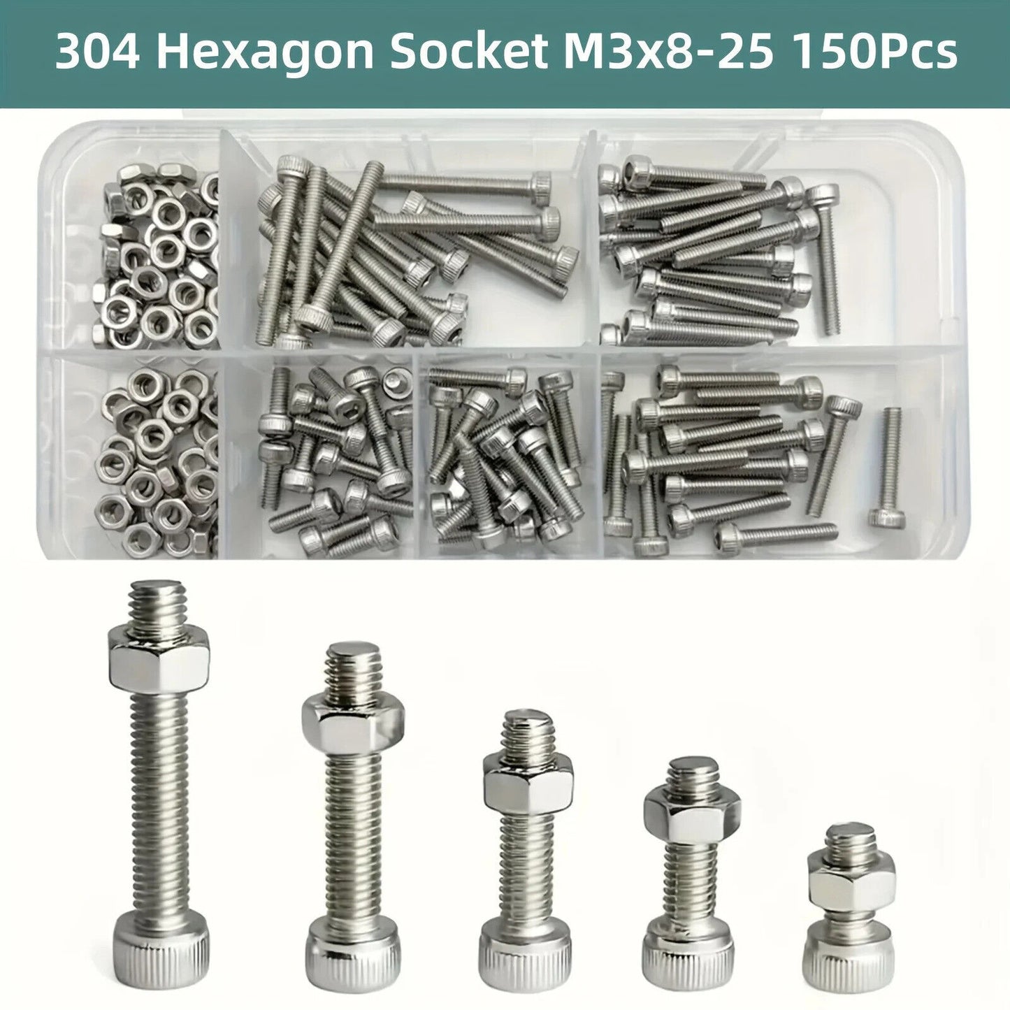 150 x HEX HEAD STAINLESS STEEL M3 SCREWS & NUTS SET, ALLEN KEY, BOLTS 304