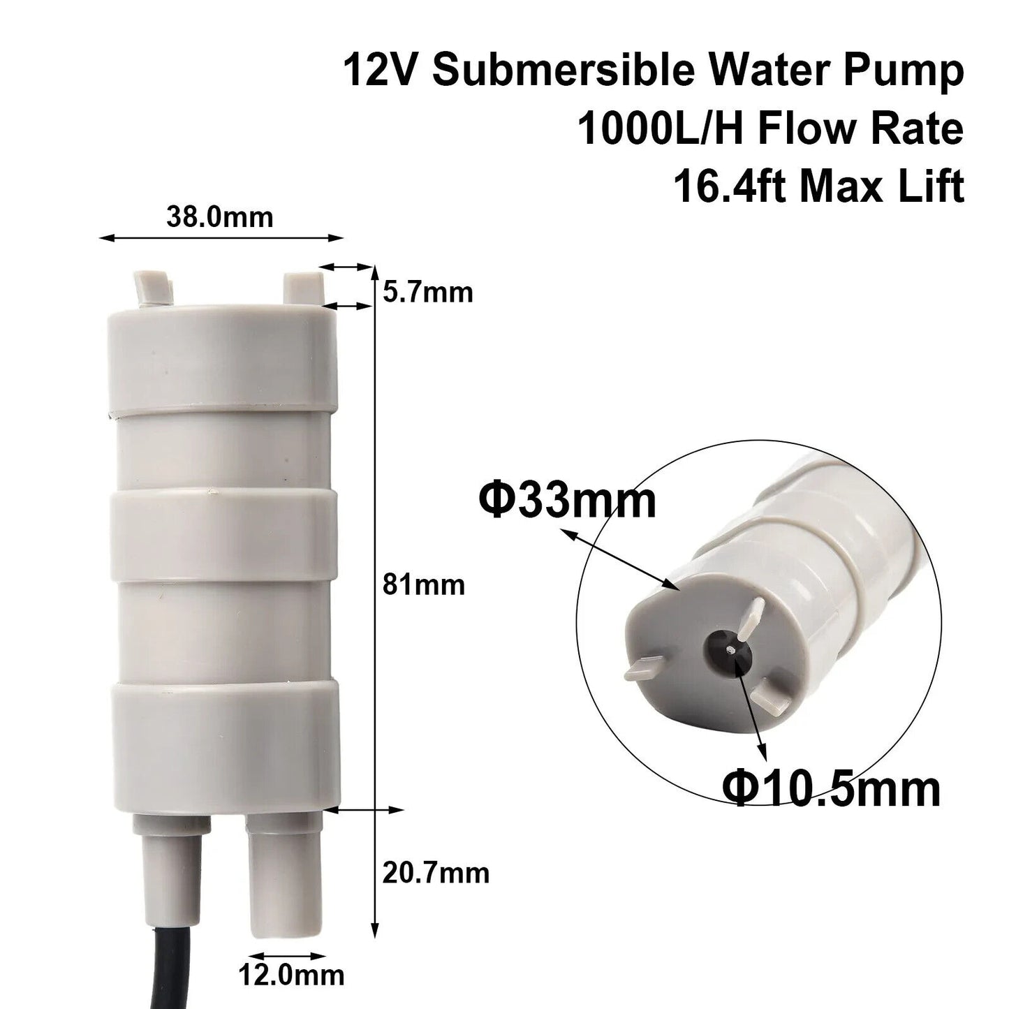 12v AQUARIUM / CARAVAN WATER PUMP, AUTO TOP UP, 1000L/H 5m HEAD, SUBMERSIBLE 18w