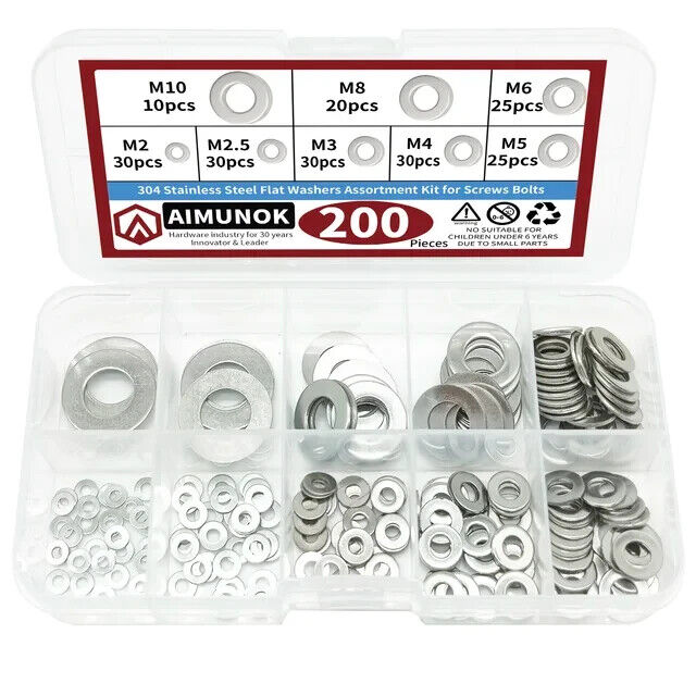 200 x STAINLESS STEEL FLAT WASHER SET M2 M2.5 M3 M4 M5 M6 M8 M10 ASSORTMENT KIT