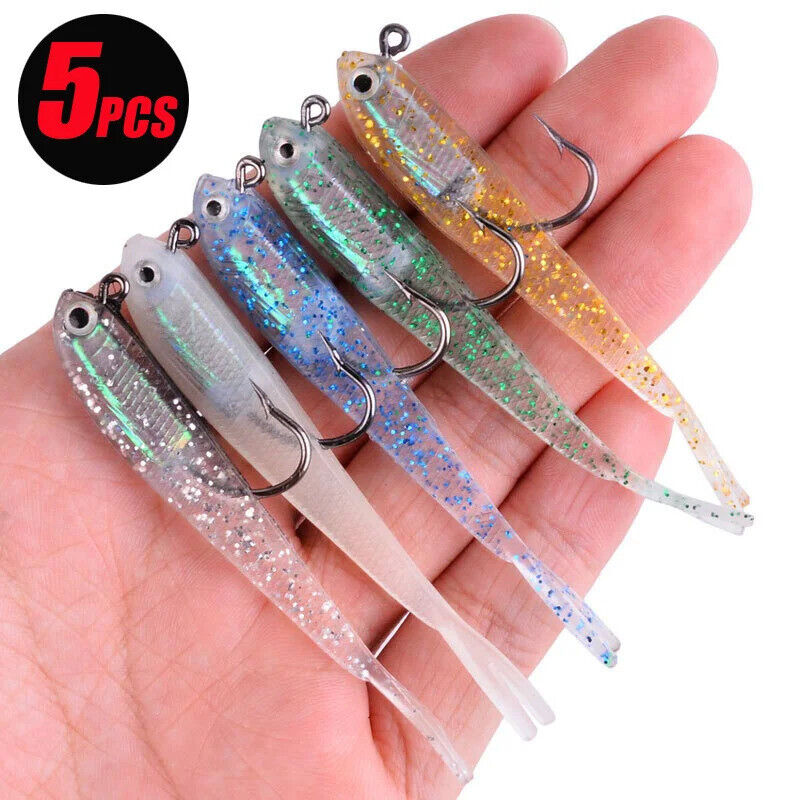 5 x SOFT FISHING LURES SET 7.5cm, HOOKS