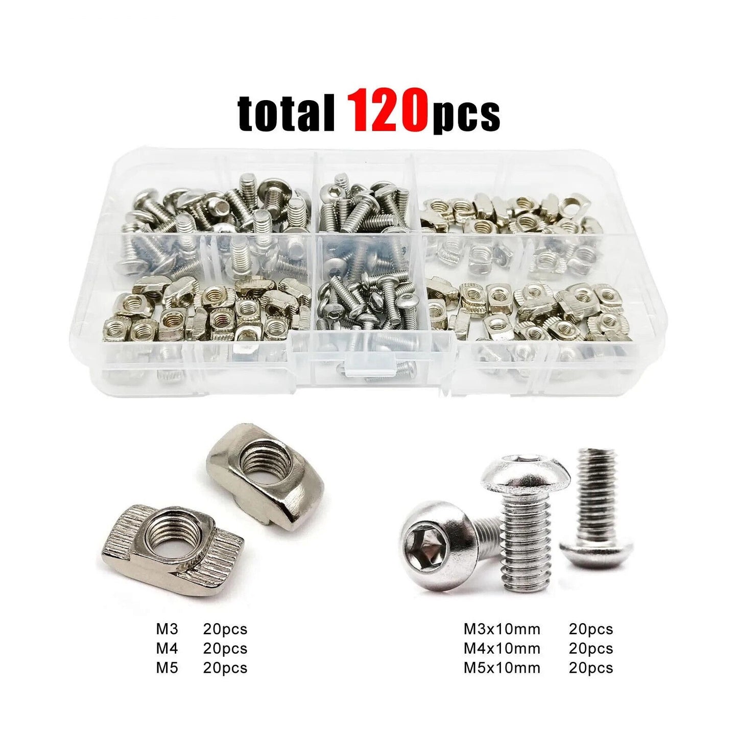 120 x T SHAPED SLIDING NUTS & SCREWS, M3 M4 M5 KIT SET, ALUMINIUM EXTRUSION SLOT