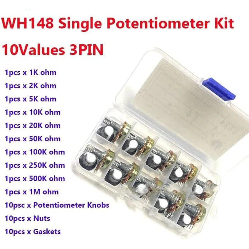 10 SETS 15mm KNURLED SHAFT 3 TERMINALS LINEAR TAPER ROTARY POTENTIOMETER KIT UK