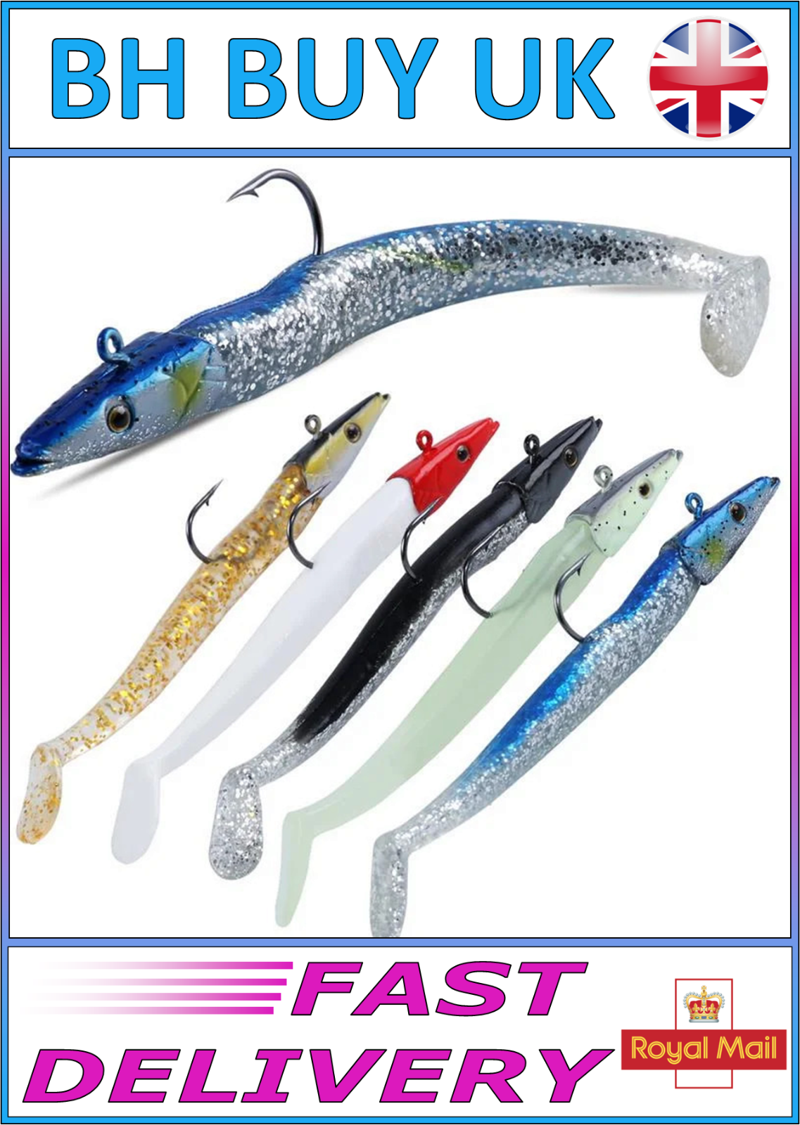 5 x SOFT FISHING LURES SET 11cm, HOOKS