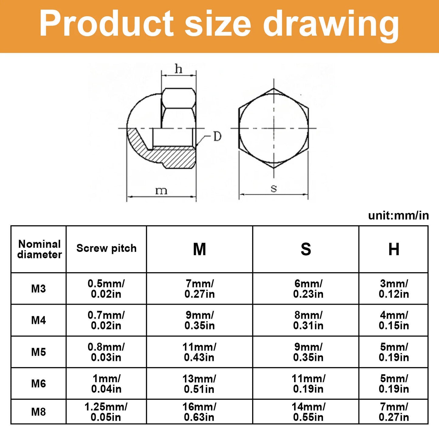 48 x STAINLESS STEEL ROUND HEAD NUT SET M3 M4 M5 M6 M8, UK METRIC CAP HEXAGONAL