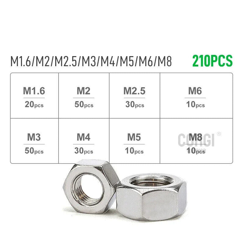 210 x STAINLESS STEEL HEX NUT SET M1.6 M2 M2.5 M3 M4 M5 M6 M8, UK METRIC