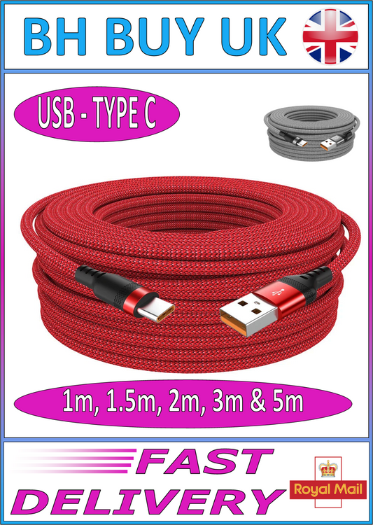 USB TYPE C FAST CHARGE CABLE 1 1.5 2 3 5 METER, BRAIDED RED & GREY