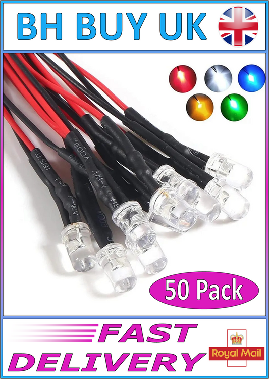 50 x 12V 5MM LED DIODE LIGHTS PRE WIRED 5 COLOURS