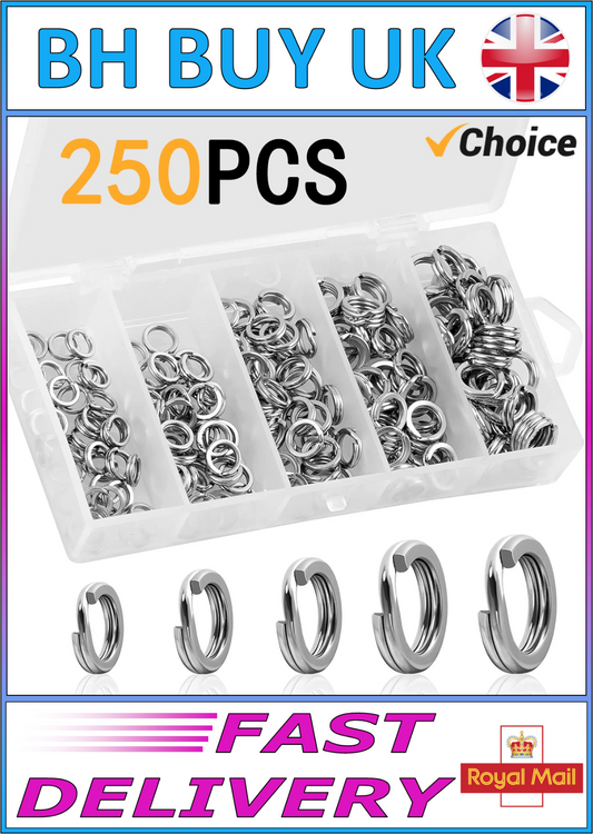 250 x STAINLESS STEEL SPLIT RINGS 5 SIZES HIGH STRENGTH FISHING LURE CONNECTOR