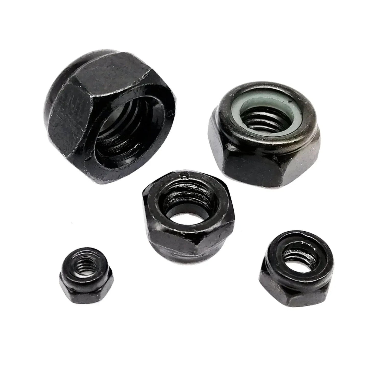 200 x BLACK CARBON STEEL SELF LOCKING NYLON NUT SET, M2 M2.5 M3 M4 M5 M6 M8