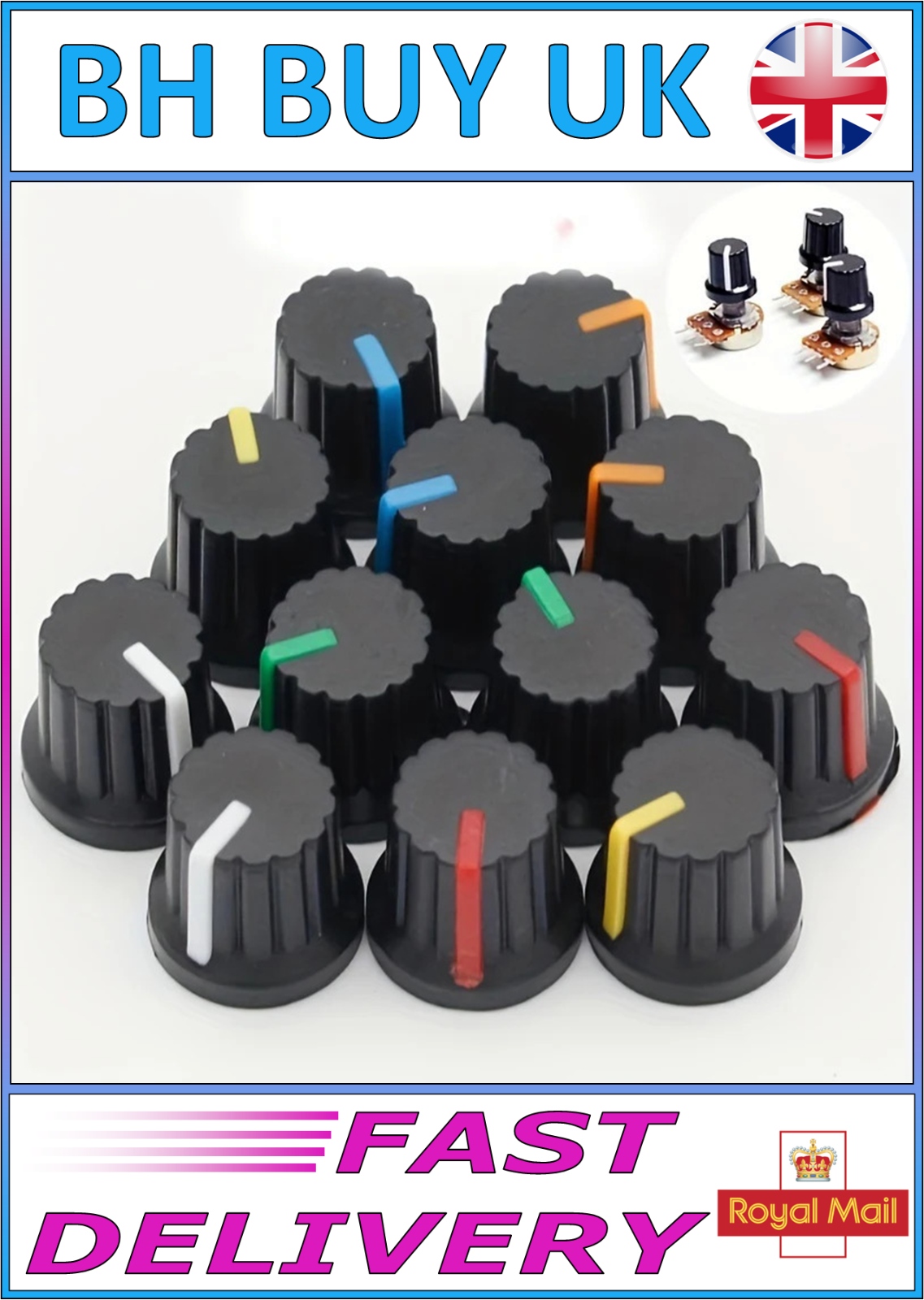 30 x POTENTIOMETER KNOBS 15x17mm 6mm PLASTIC CAPS 5 COLOURS