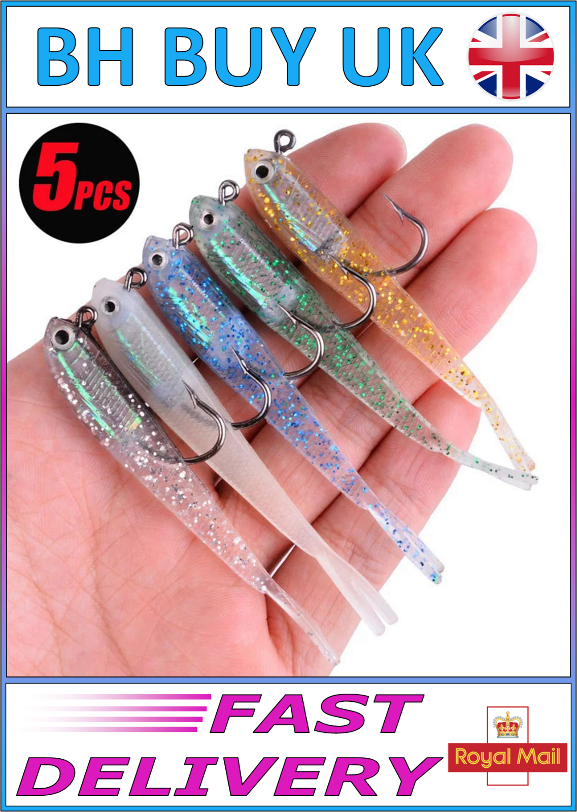 5 x SOFT FISHING LURES SET 7.5cm, HOOKS