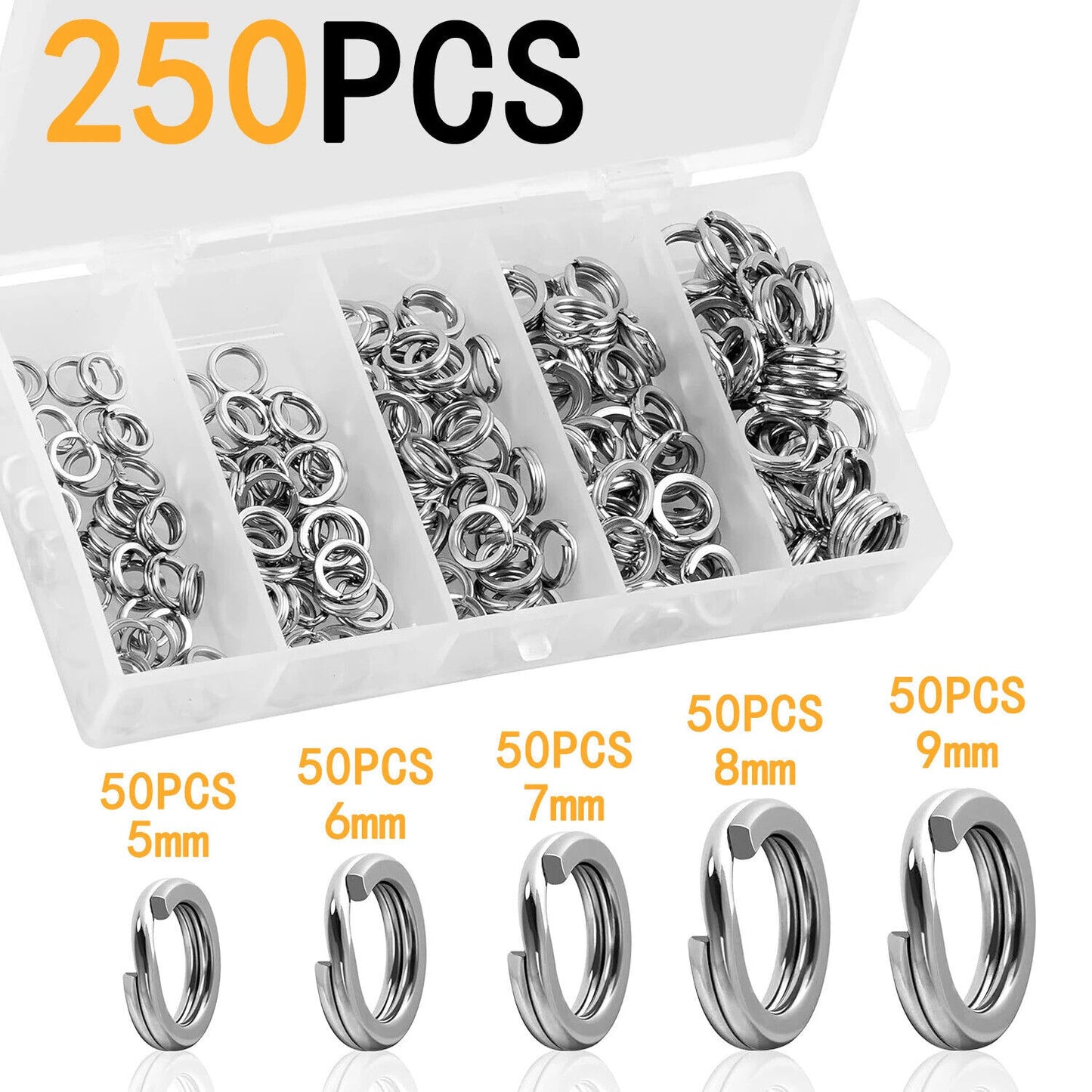 250 x STAINLESS STEEL SPLIT RINGS 5 SIZES HIGH STRENGTH FISHING LURE CONNECTOR