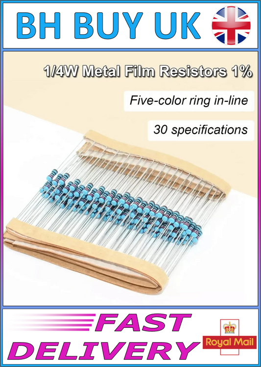 600 x METAL FILM RESISTOR KIT ASSORTED SET 30 VALUES 1/4W 1ohm-10Mohm 1%