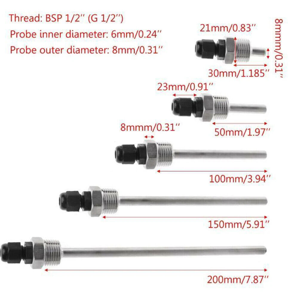 HOMEBREW STAINLESS STEEL THERMOWELL 30 50 100 150 200mm, 1/2" BSP