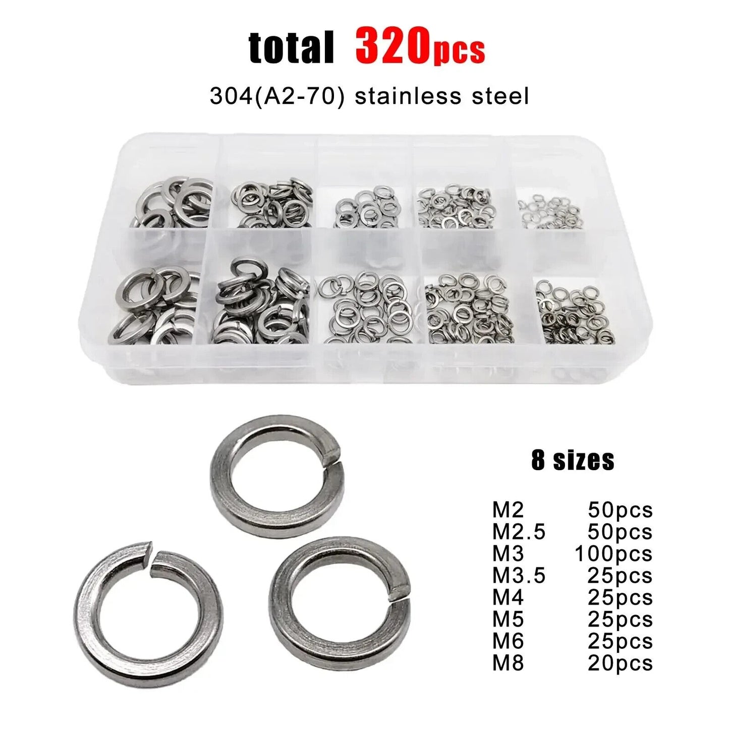 320 x STAINLESS STEEL SPLIT LOCK WASHER SET M2 M2.5 M3 M3.5 M4 M5 M6 M8 M10