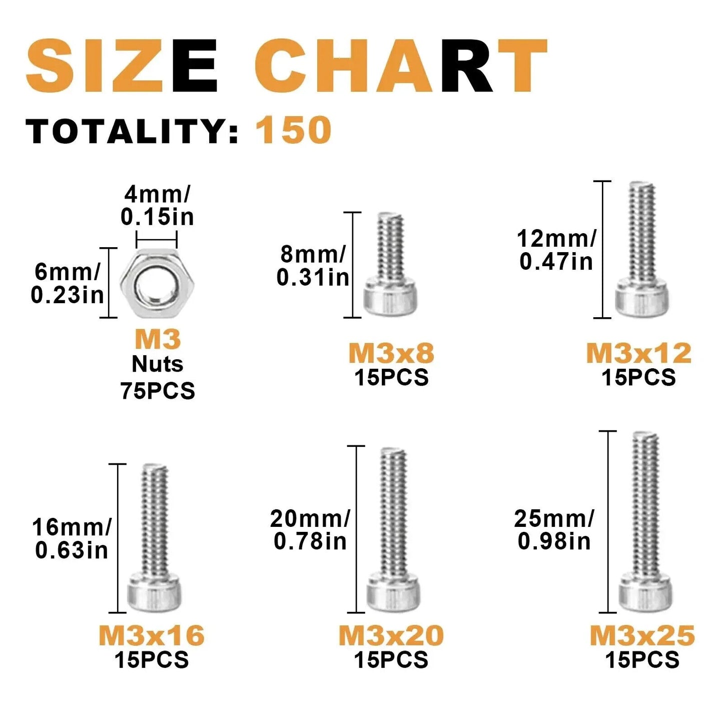 150 x STAINLESS STEEL HEX HEAD SCREWS & NUTS SET M3 SIZE, MIXED BOX