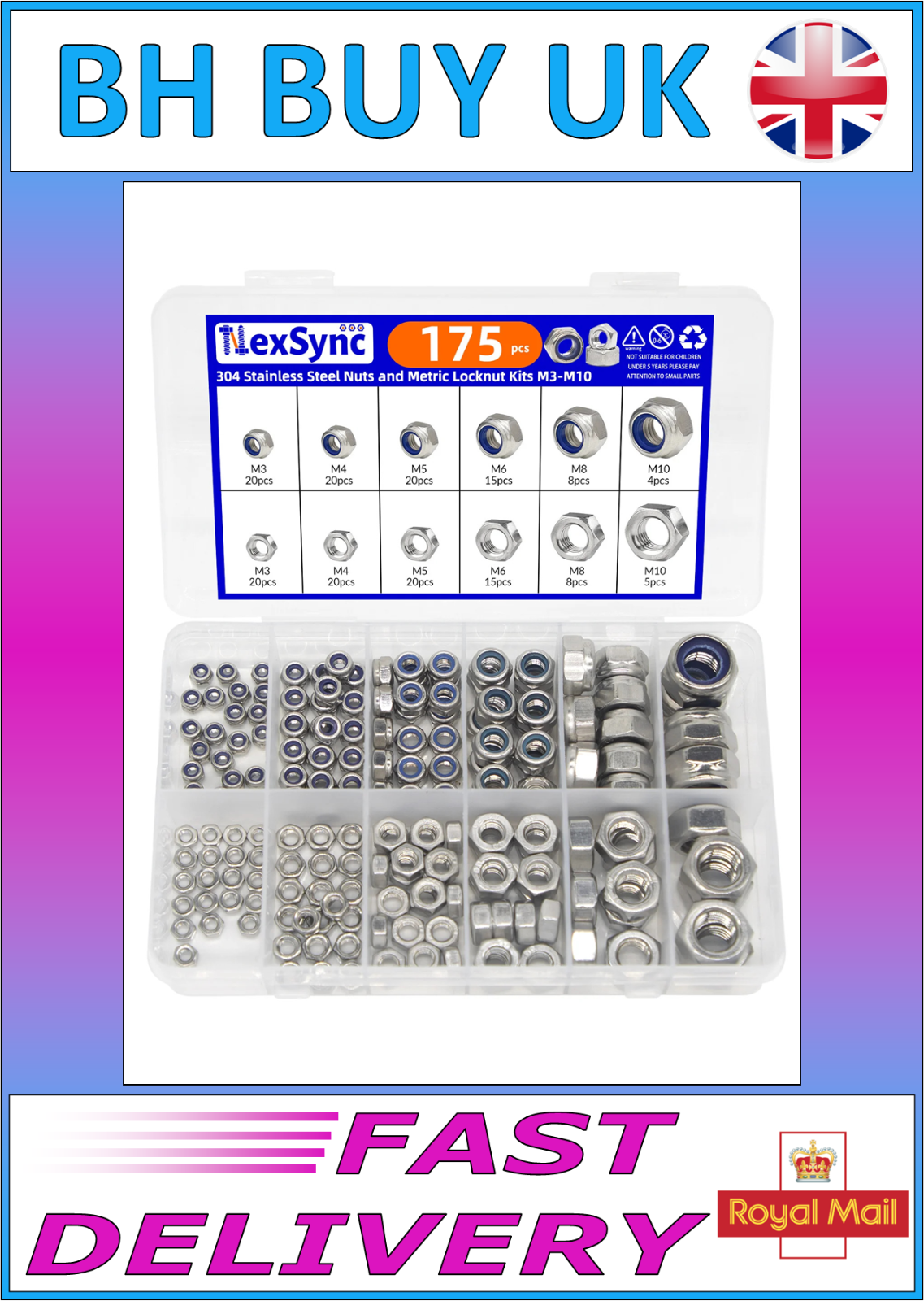 175 x STAINLESS STEEL NYLON LOCKING NUTS M3 M4 M5 M6 M8 M10 HEX NUT BOLTS METRIC