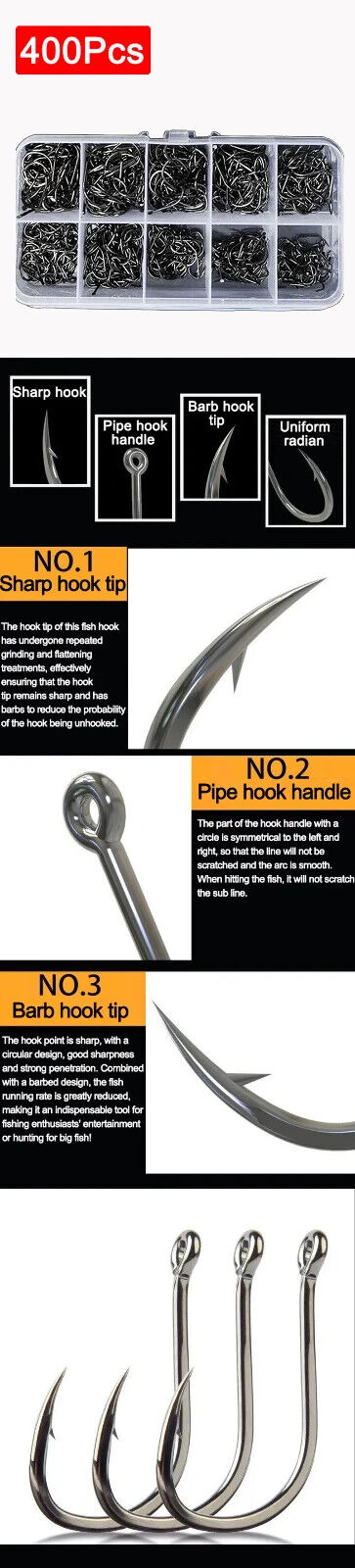 400 x HIGH CARBON STEEL FISHING HOOKS IN BOX