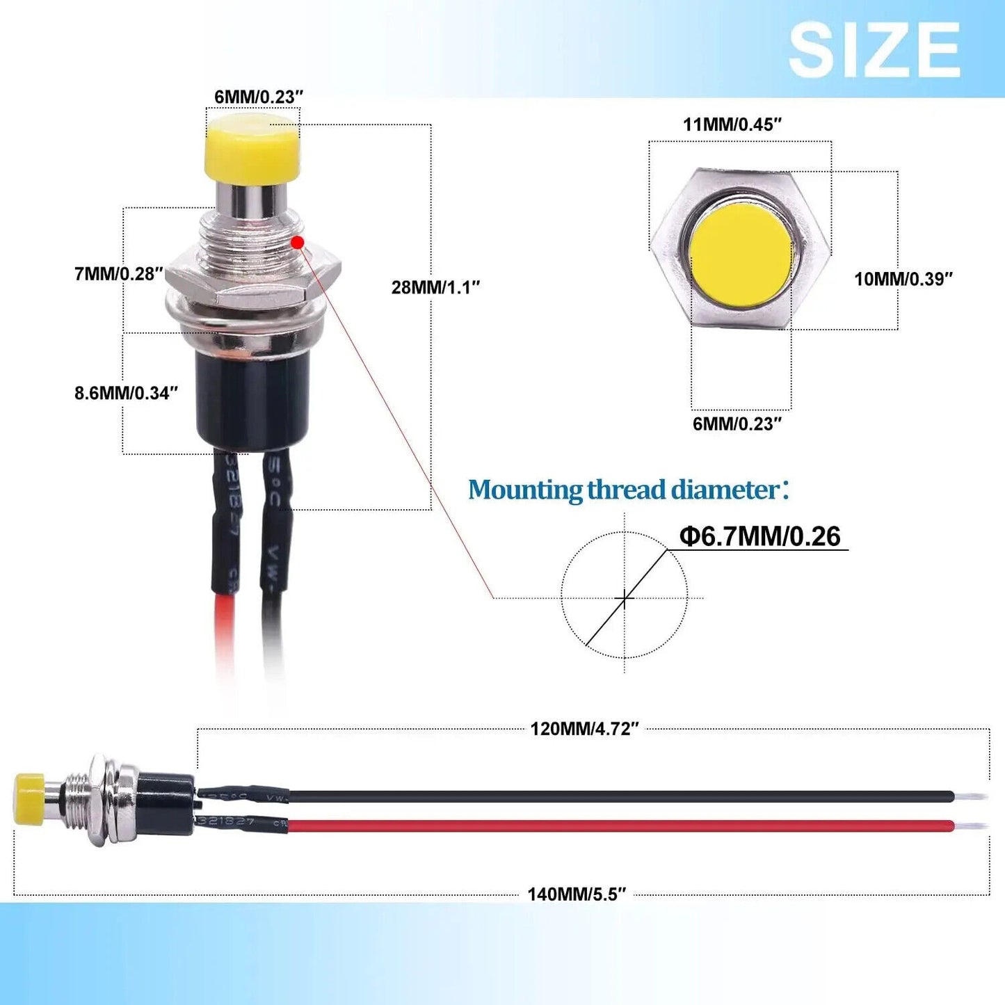 6 x MINI MOMENTARY PUSH SWITCH 1A 250V AC 2 PINS SPST NORMALY OPEN PRE WIRED