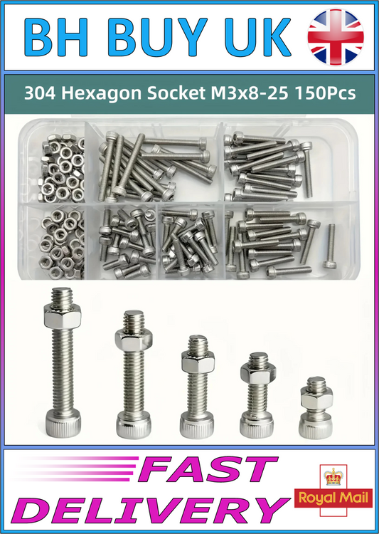 150 x HEX HEAD STAINLESS STEEL M3 SCREWS & NUTS SET, ALLEN KEY, BOLTS 304