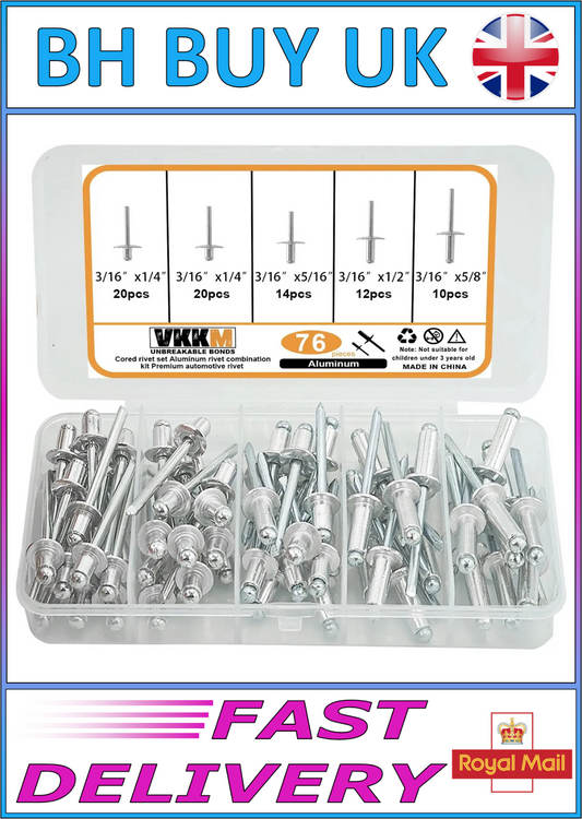 76 x ALUMINIUM COUNTERSUNK HEAD CORE PULLING RIVETS SET, 4 SIZES