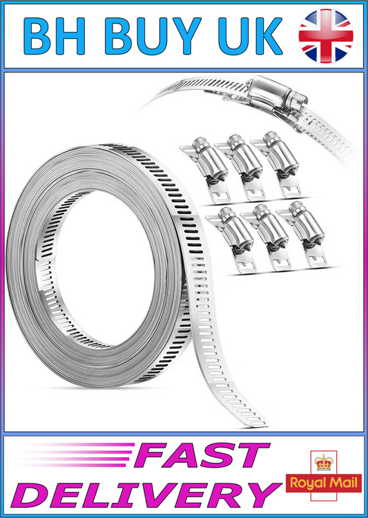 9.8FT ADJUSTABLE HOSE CLAMP, 6 FASTENERS, WORM GEAR STAINLESS STEEL