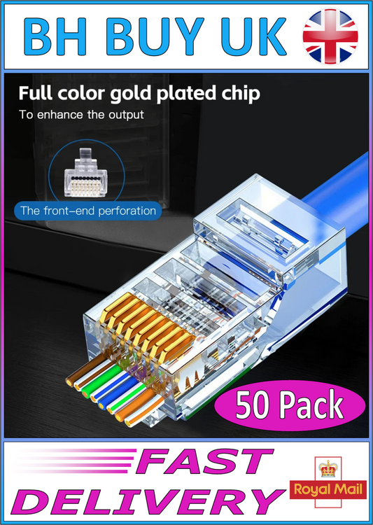 50 x RJ45 CAT6 CONNECTOR GOLD PLATED PASS THROUGH ETHERNET NETWORK CABLE PLUG