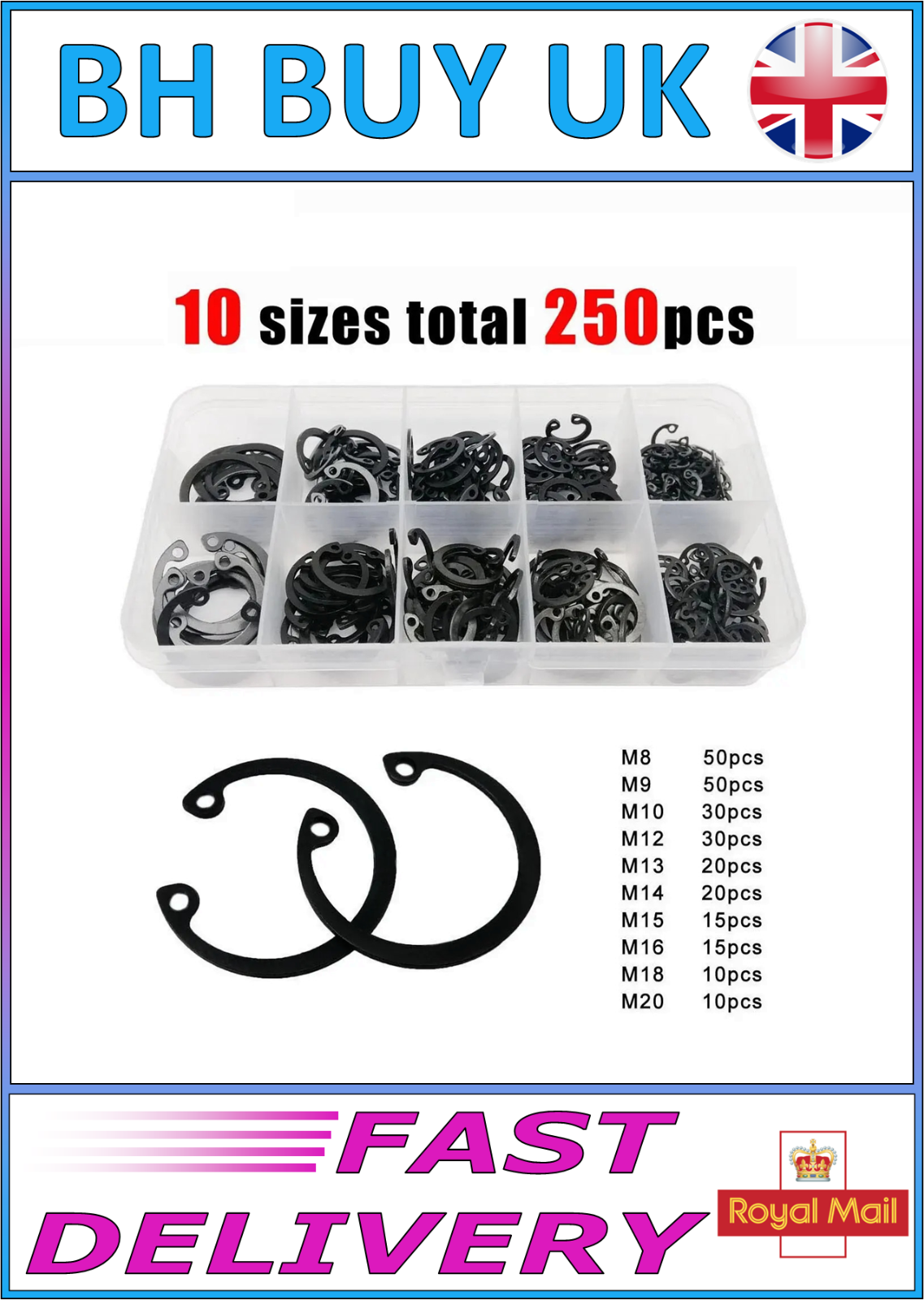 250 x C TYPE INTERNAL CIRCLIP HOLE CLIP SNAP RING, M8 M9 M10 M11 M12 M13 M14 M15