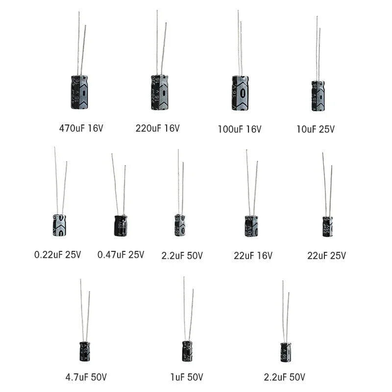 120 x ELECTROLYTIC CAPACITOR 16V 25V 50V ALUMINIUM KIT, 12 VALUES 1uF-470uF DIP