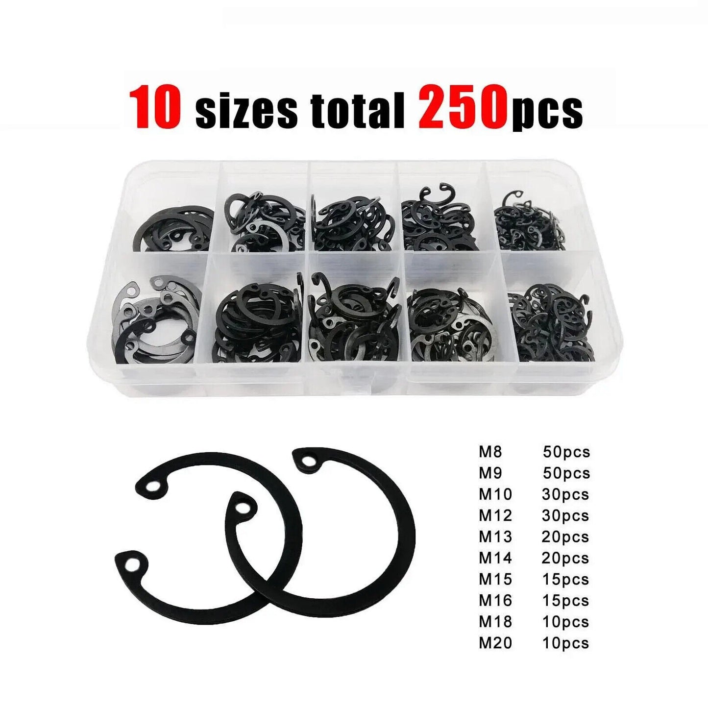 250 x C TYPE INTERNAL CIRCLIP HOLE CLIP SNAP RING, M8 M9 M10 M11 M12 M13 M14 M15