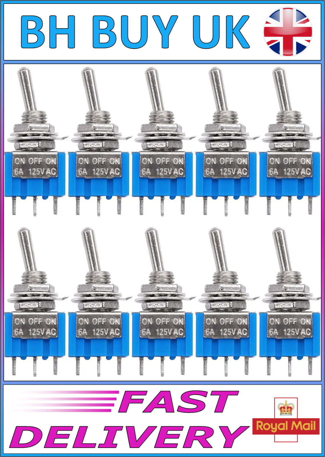 10 x TOGGLE SWITCH ON OFF ON 3 PIN 3 POSITION LATCHING MTS-103 AC 250V 3A UK