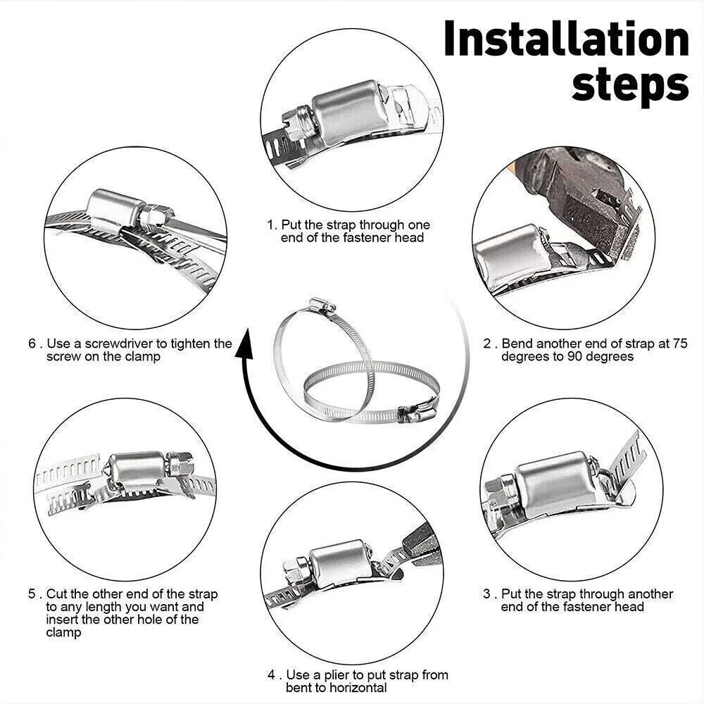 9.8FT ADJUSTABLE HOSE CLAMP, 6 FASTENERS, WORM GEAR STAINLESS STEEL