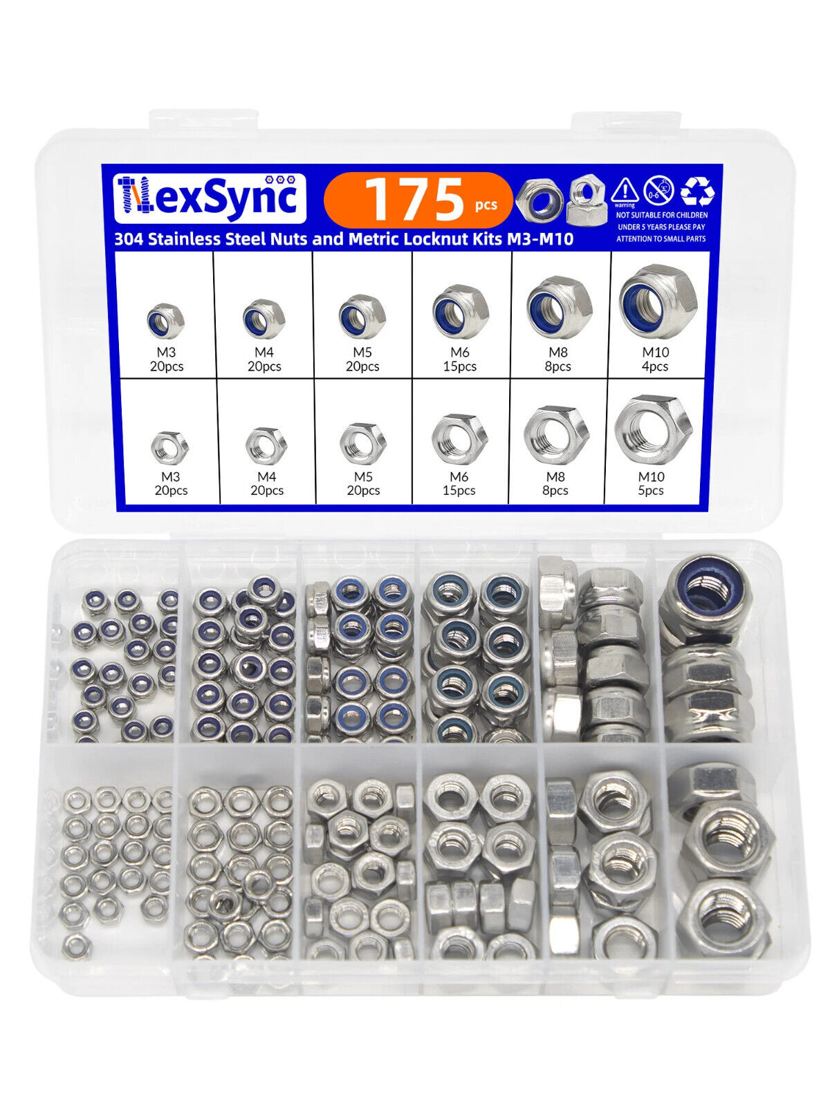 175 x STAINLESS STEEL NYLON LOCKING NUTS M3 M4 M5 M6 M8 M10 HEX NUT BOLTS METRIC