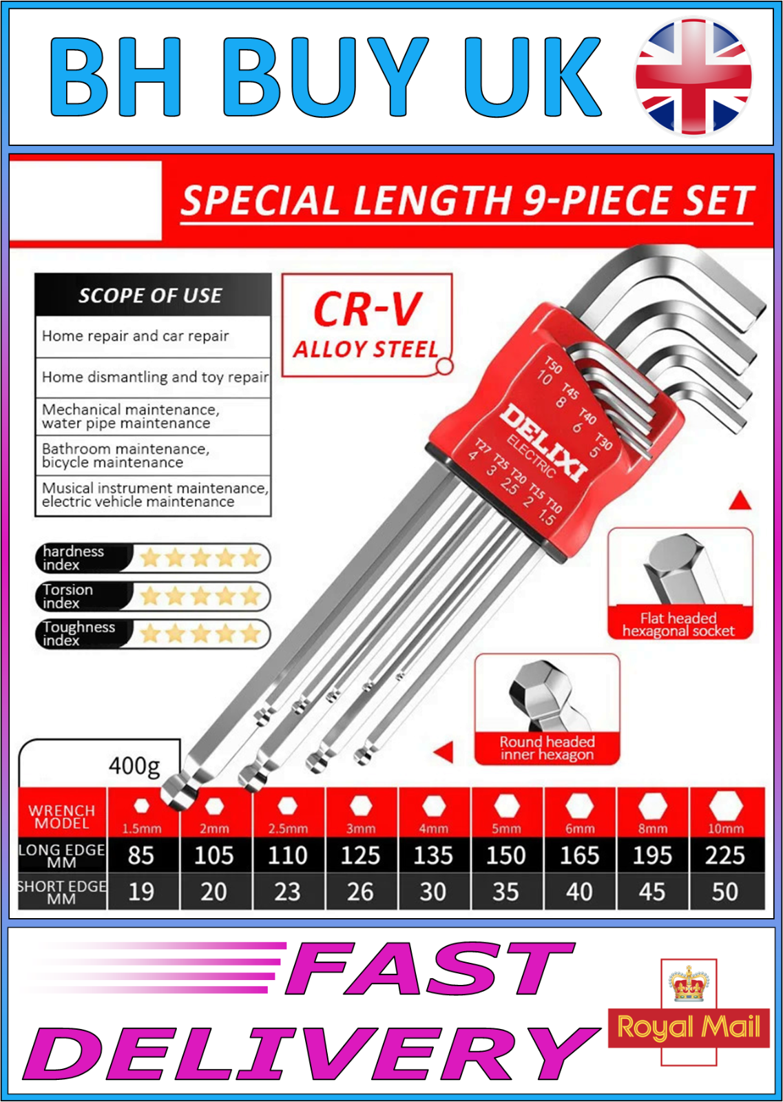 ALLEN KEY SET EXTENDED LENGTH SET IN HOLDER HEX WRENCH METRIC