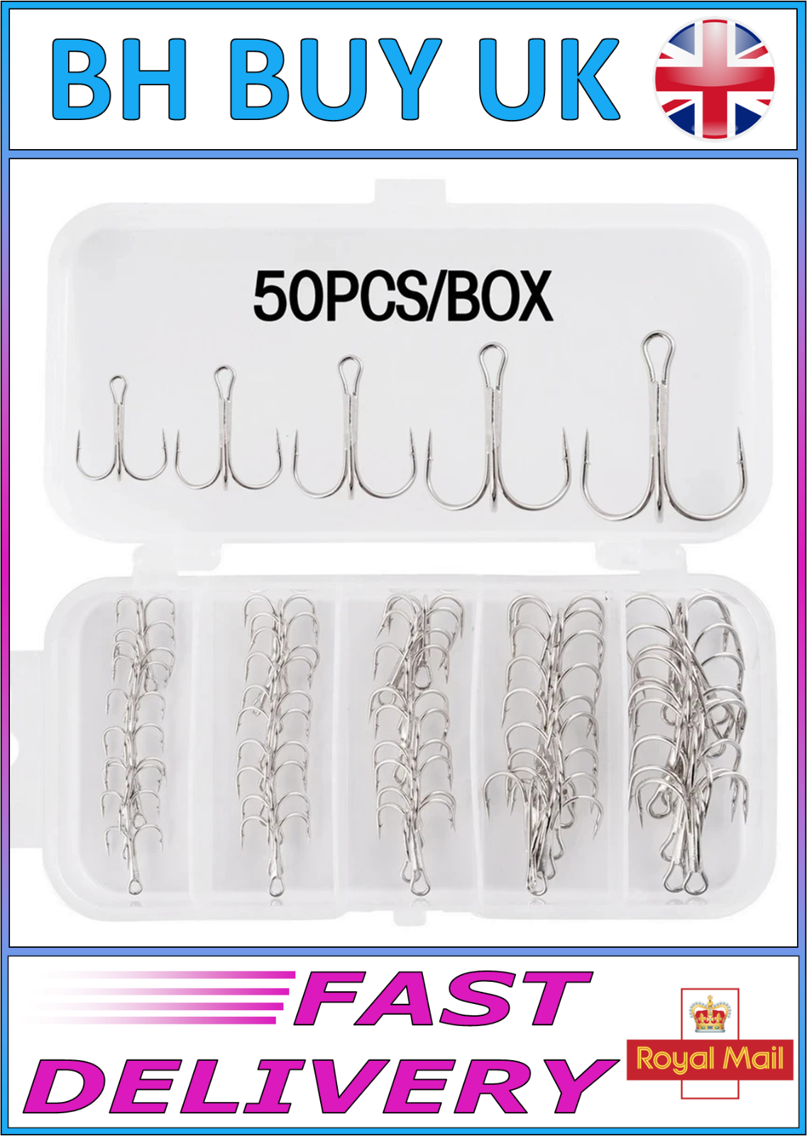 50 x HIGH CARBON STEEL TREBLE FISHING HOOKS IN BOX