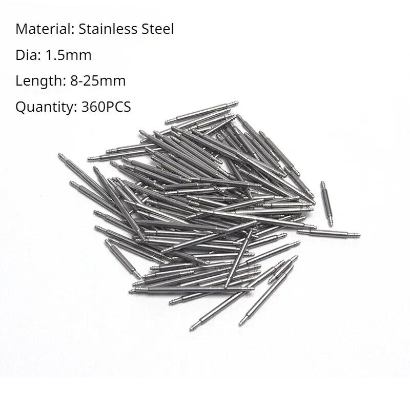 360 x STAINLESS STEEL SPRING BAR WATCH STRAP PINS, 8 - 25mm DOUBLE FLANGE