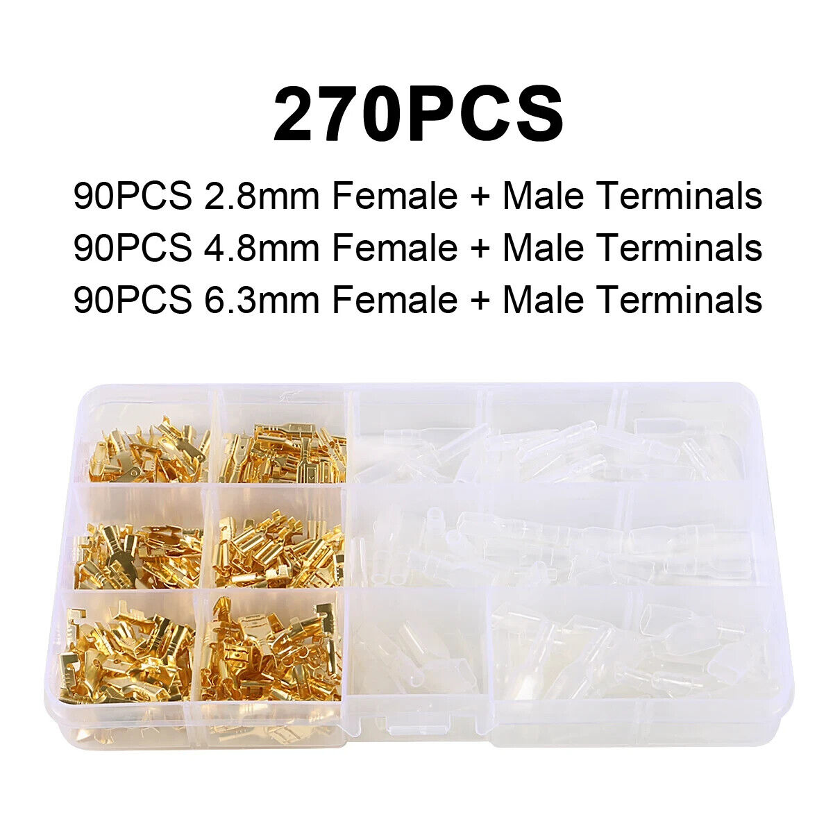 270 x INSULATED MALE / FEMALE WIRE CONNECTOR CRIMPS 2.8 4.8 6.3mm SPADE KIT