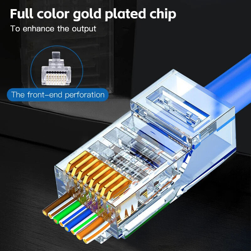 50 x RJ45 CAT6 CONNECTOR GOLD PLATED PASS THROUGH ETHERNET NETWORK CABLE PLUG